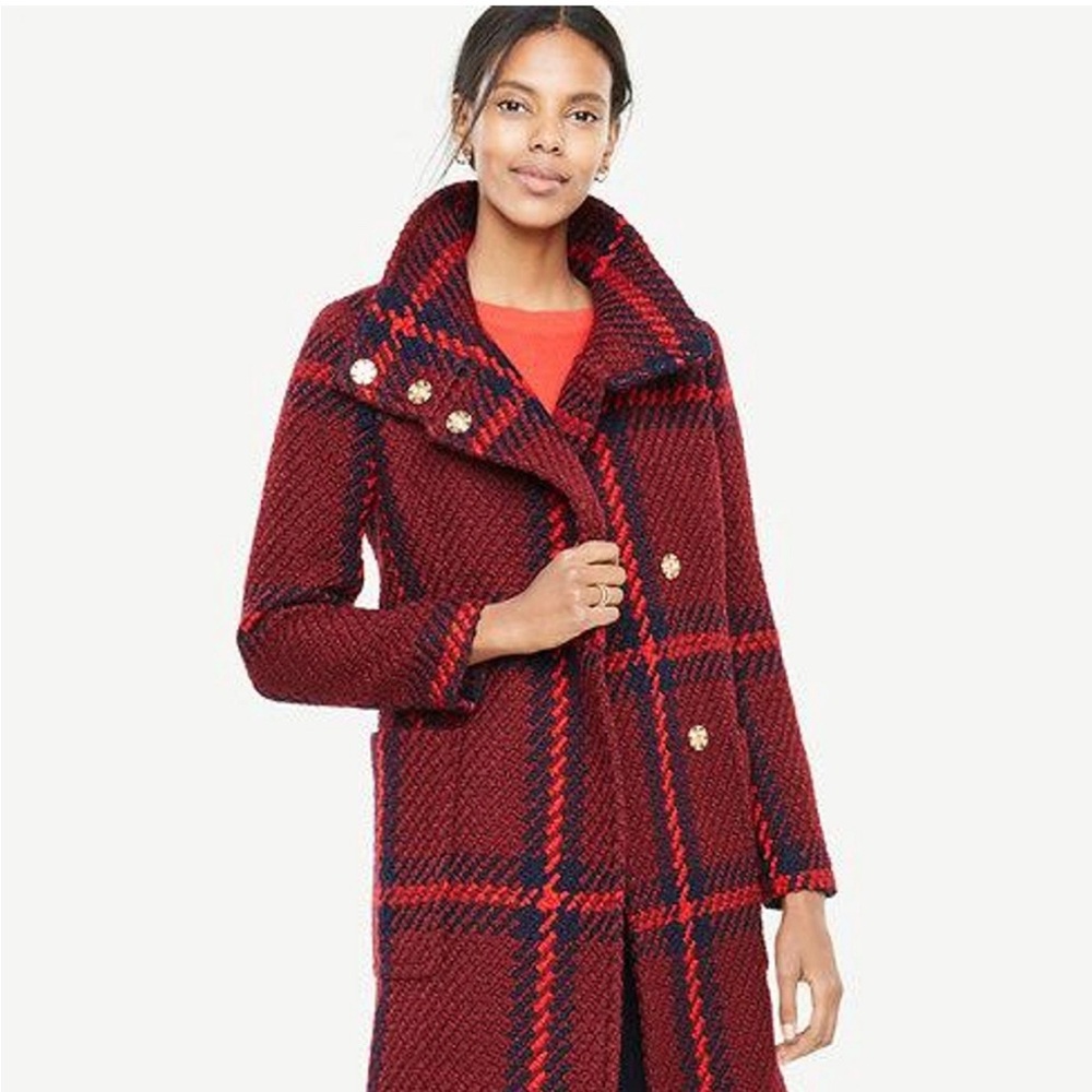 Ann Taylor Plaid Funnel Neck Coat M